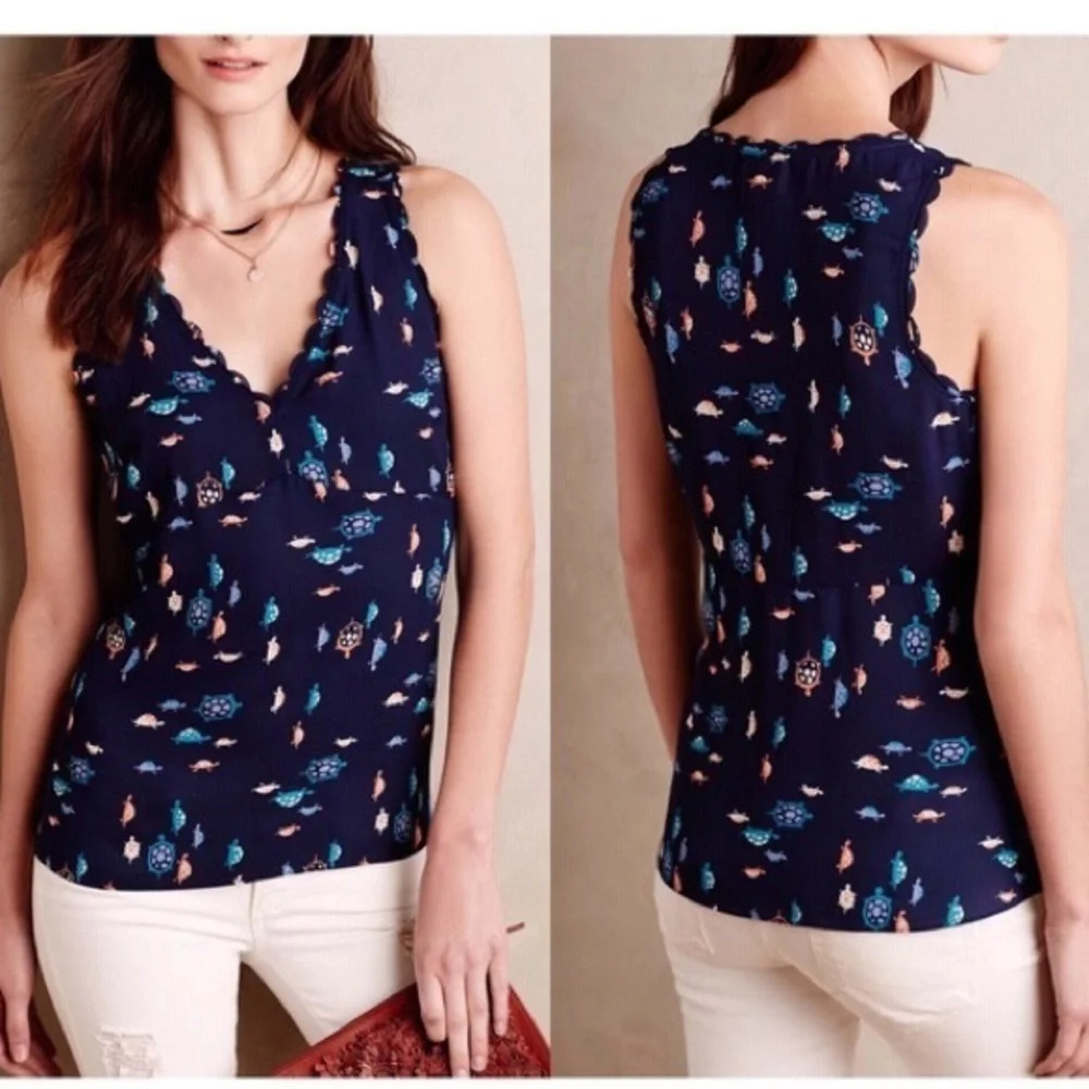 Maeve Anthropologie Turtle Print Scalloped tank top